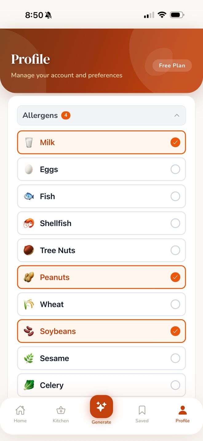 Food allergy profile tracking 16 allergens including gluten, nuts, dairy, and soy