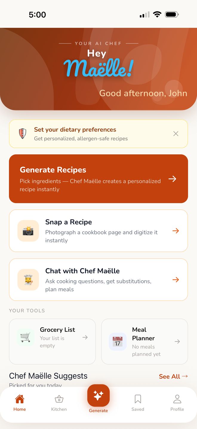 Hey Ma&euml;lle! AI recipe app home screen with allergen-safe recipes