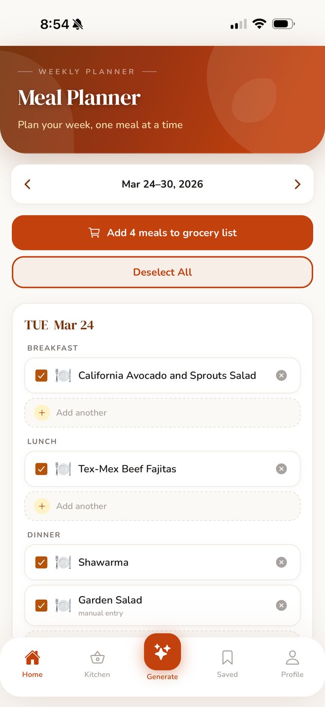 Allergen-safe weekly meal planner with automatic grocery list