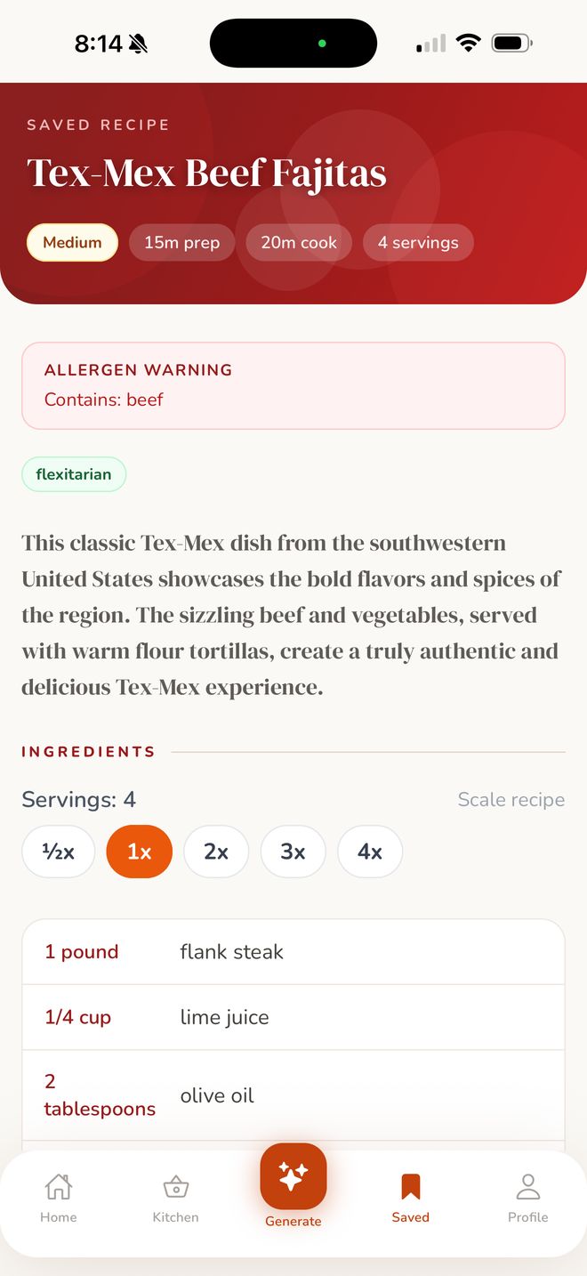 AI-generated recipe with nutritional info and allergen safety